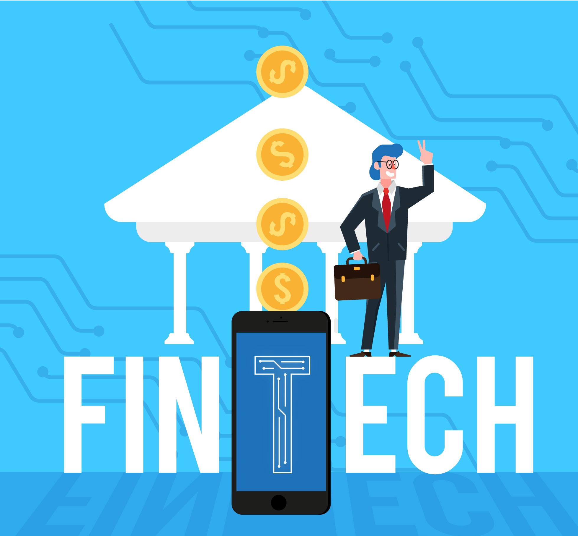 a business man standing in front of letters FINTECH